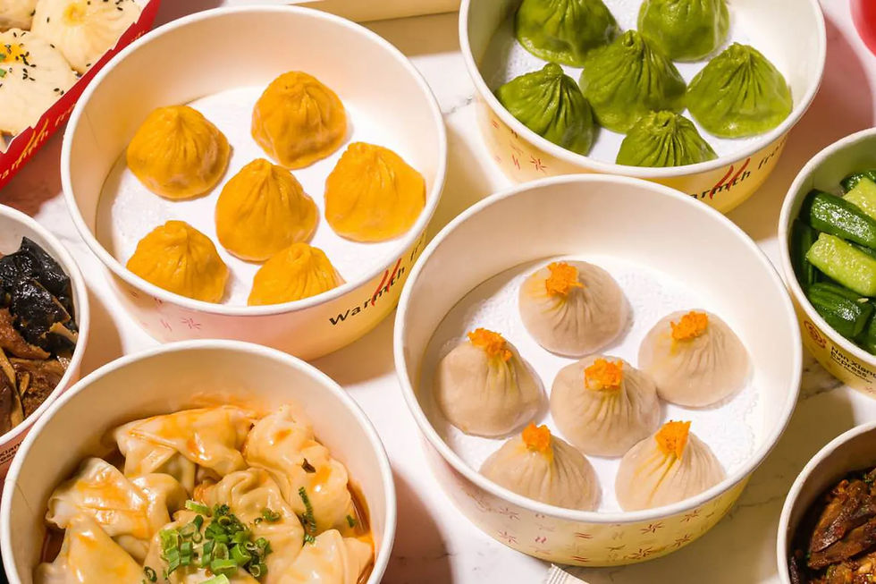 Various dumplings in bowls Waimai, delicious and colorful, fresh ingredients, ready to eat.