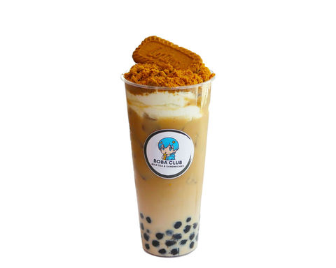 Iced boba drink with biscuit topping and Boba Club logo on the cup.