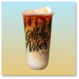 Iced coffee drink with "Aloha Vibes" text, refreshing and delicious, Lilikoi on Broadway.