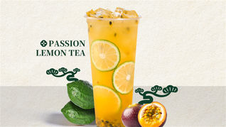 Vibrant iced 'PASSION LEMON TEA' drink with lemon slices and passionfruit.
