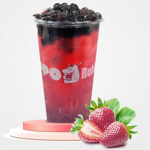 POPO Bubble strawberry boba drink, fresh sliced and whole strawberries.