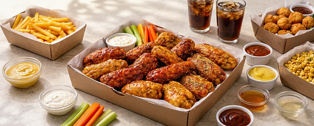 Chicken wings, fries, snacks, and drinks with dipping sauces