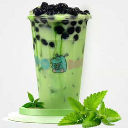 Green boba tea with black pearls, fresh mint, and "BOOBA BOOBA" logo.