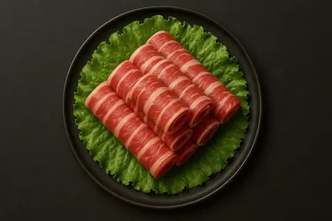 Fresh rolled raw beef slices on green lettuce, black plate.