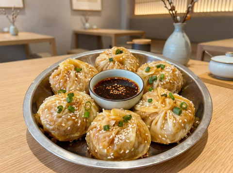 Six golden pan-fried dumplings with sesame, green onions, and chili oil.