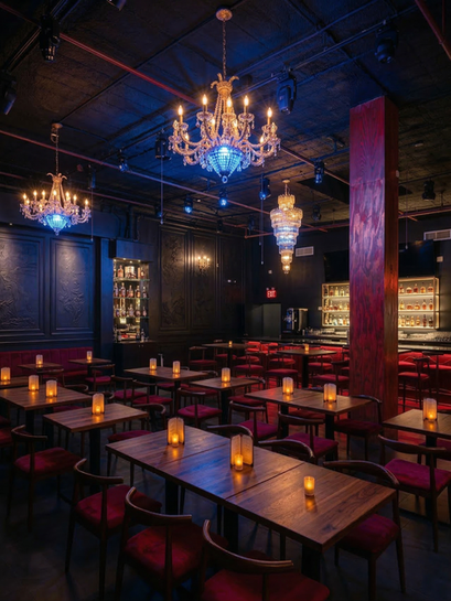 Dimly lit upscale bar interior with chandeliers, red seating, and candlelit tables.
