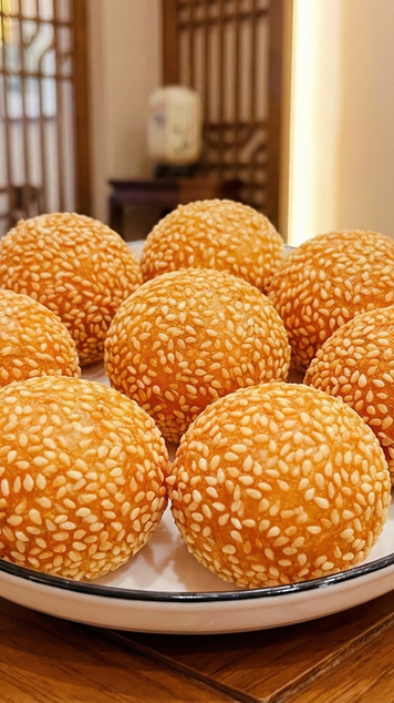Eight golden crispy sesame balls on white plate, wooden table.