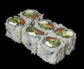 寿司卷,切片,配鱼肉和蔬菜,美味可口,黑色背景,Yamato II