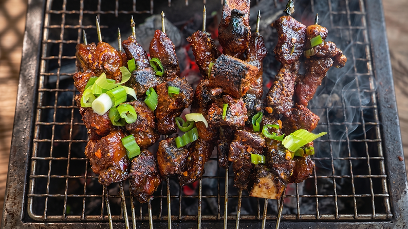 Marinated meat skewers grilling over coals with green onions