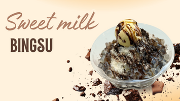 Sweet milk Bingsu dessert topped with ice cream, chocolate shavings, and brownie pieces.