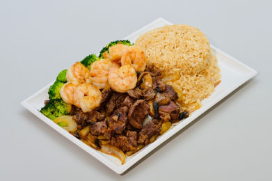Shrimp, beef, broccoli, mushrooms, and fried rice