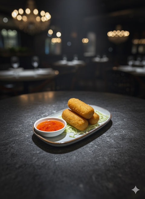 盘子里的炸奶酪棒和蘸酱，餐桌上，餐厅场景。 