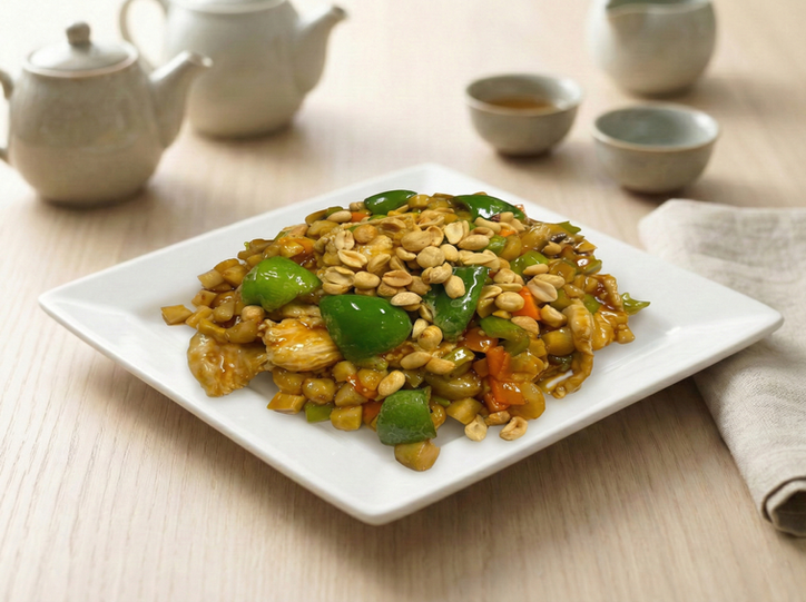 Kung Pao chicken with peanuts, green peppers, and colorful vegetables.