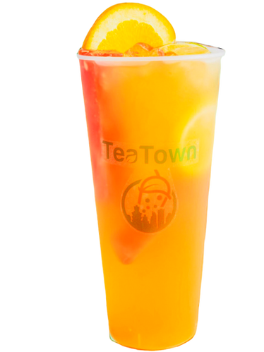 TeaTown layered orange and red drink with an orange slice
