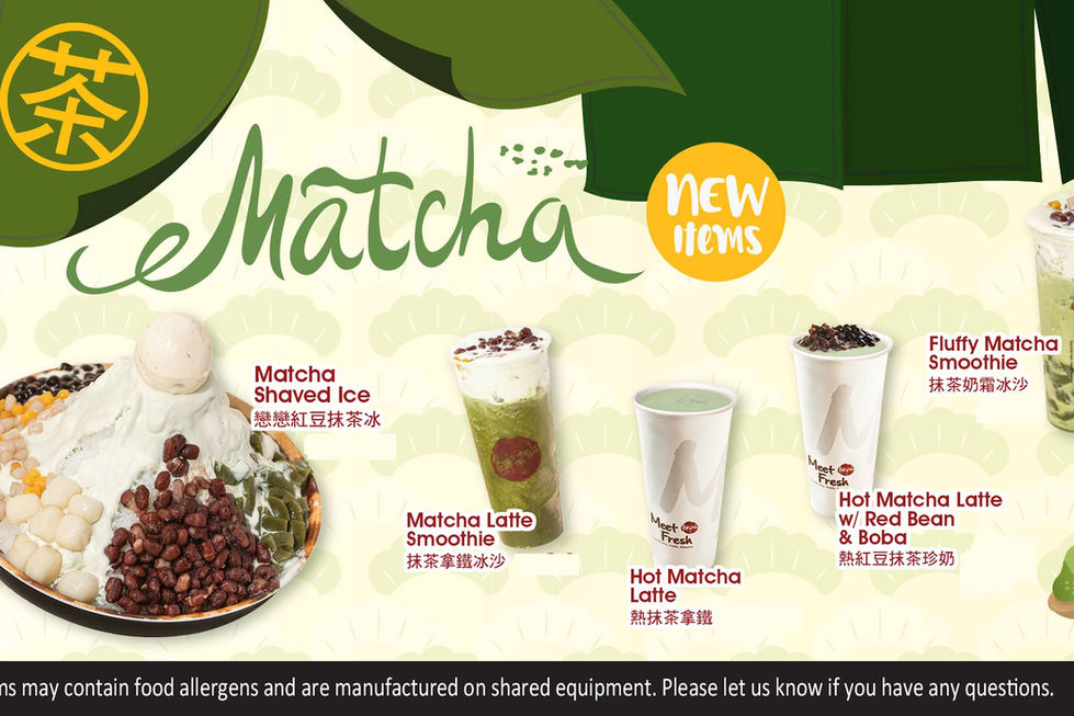 Matcha drinks new items, shaved ice, smoothie, latte, red bean and Bobo menu