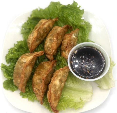 Fried dumplings with soy sauce on a white plate with lettuce