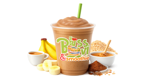 Bliss Bowl smoothie with bananas, peanut butter, and cocoa