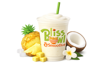 Bliss Bowl Smoothie with pineapple, coconut, cactus straw, plumeria