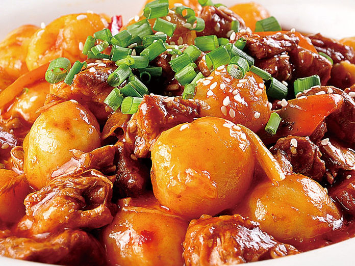 Beef and potato stew, garnished with sesame seeds and green onions on a white plate