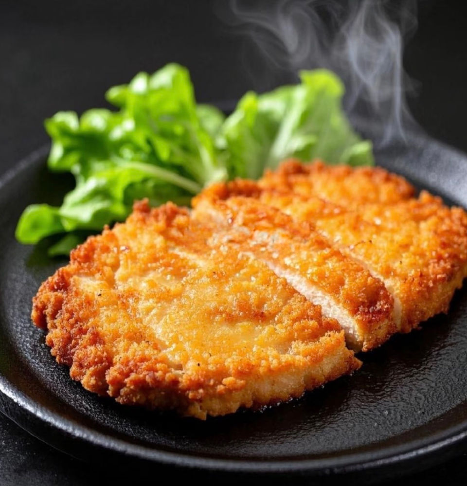 盘中炸鸡排配蔬菜,冒着热气,看起来非常美味可口。