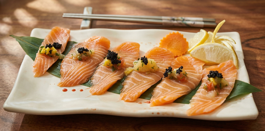 Slices of raw salmon with caviar and relish on a plate