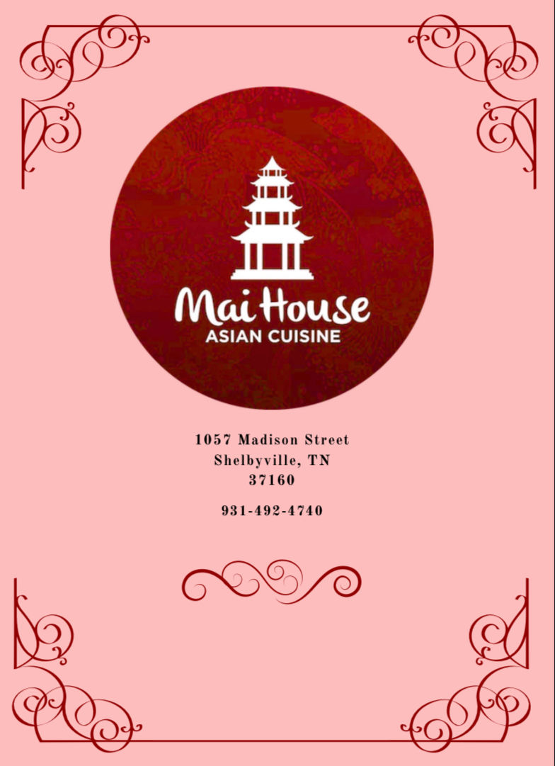 Mai House, Asian Cuisine logo, 地址和电话号码，粉色背景，菜单。