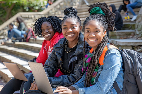 three-african-american-friends-smiling-while-doing-schoolwork-laptops-outdoors-campus-step