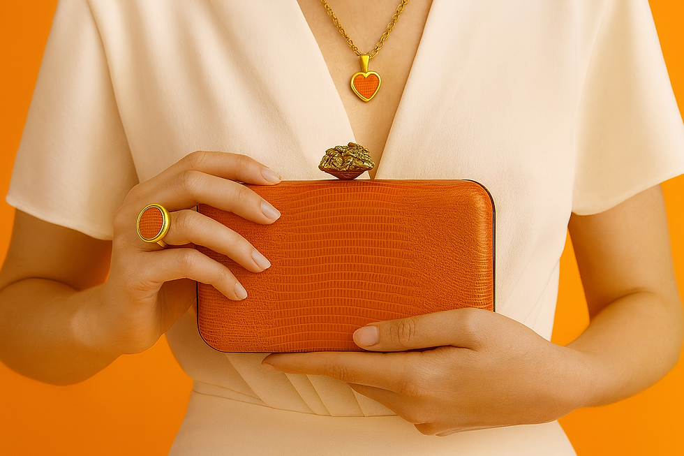 Eye-level view of a stylish handbag displayed on a boutique shelf