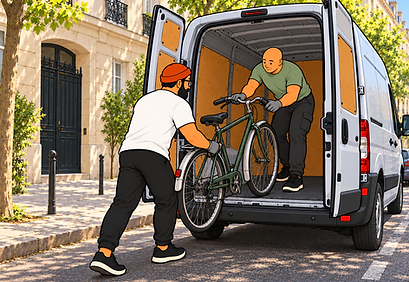 Chargement de vélo de ville dans le Renault Master par deux professionnels à Paris 12