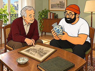 Illustration: A clearance professional examines an antique vase with an older client while sorting items of potential value.