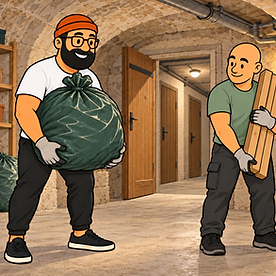 Deux débarrasseurs portent un grand sac de déchets et des planches dans une cave accessible par un couloir intérieur