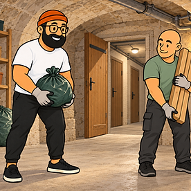 Deux professionnels portent à la main des sacs et des planches dans une cave accessible par un couloir intérieur