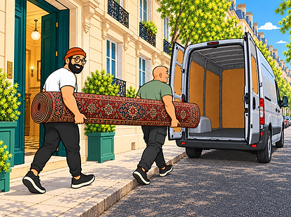 Deux professionnels sortent un tapis roulé d’un immeuble parisien vers leur utilitaire de débarras