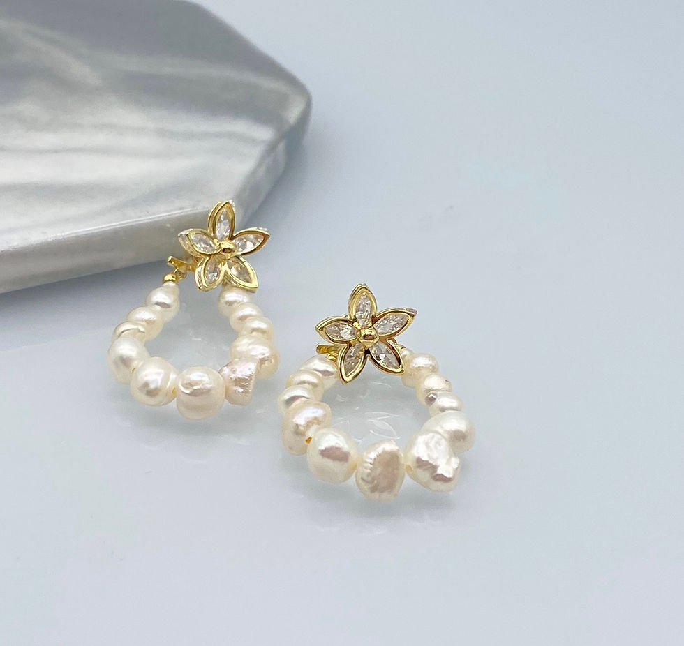 Zircon Flower and Fresh Water pearls stud earrings , 14KGold Plated