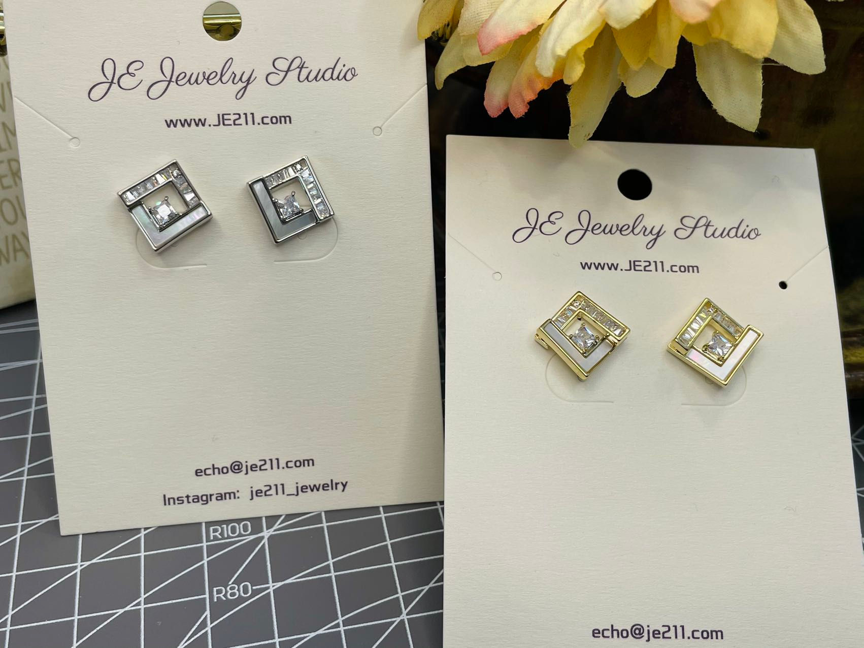 Cubic Zircon cube, shell pearl bead, white crystal, 14KGold Plated