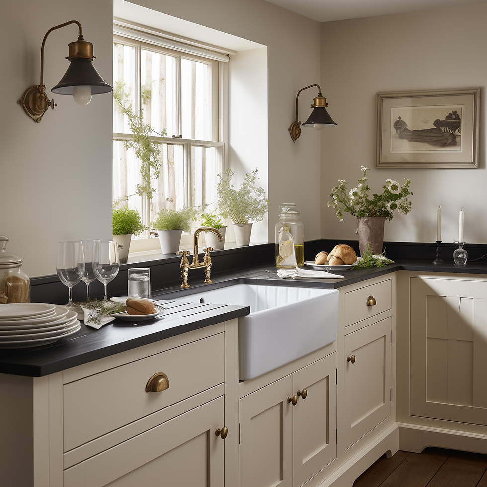 A farmhouse style kitchen in cream with black worktops and gold taps