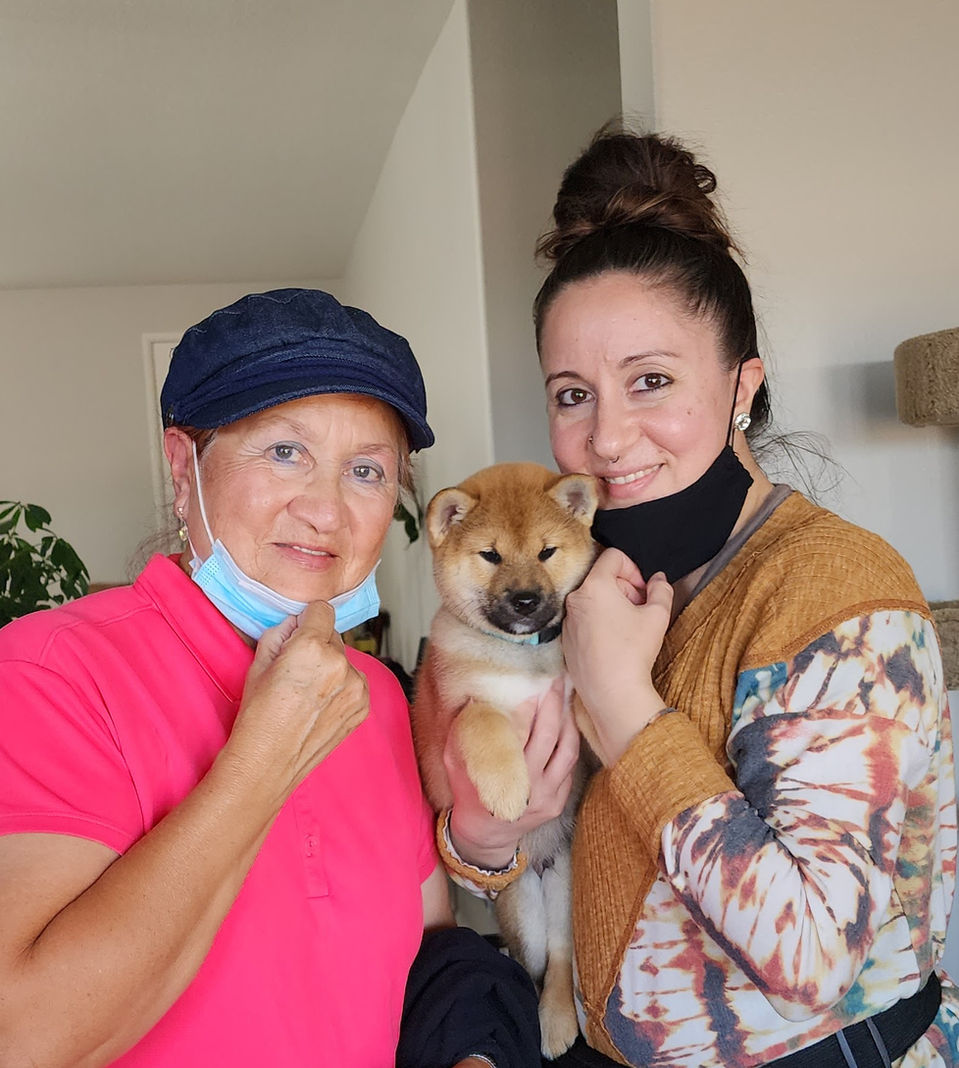 Two women holding their new adorable Shiba Inu puppy