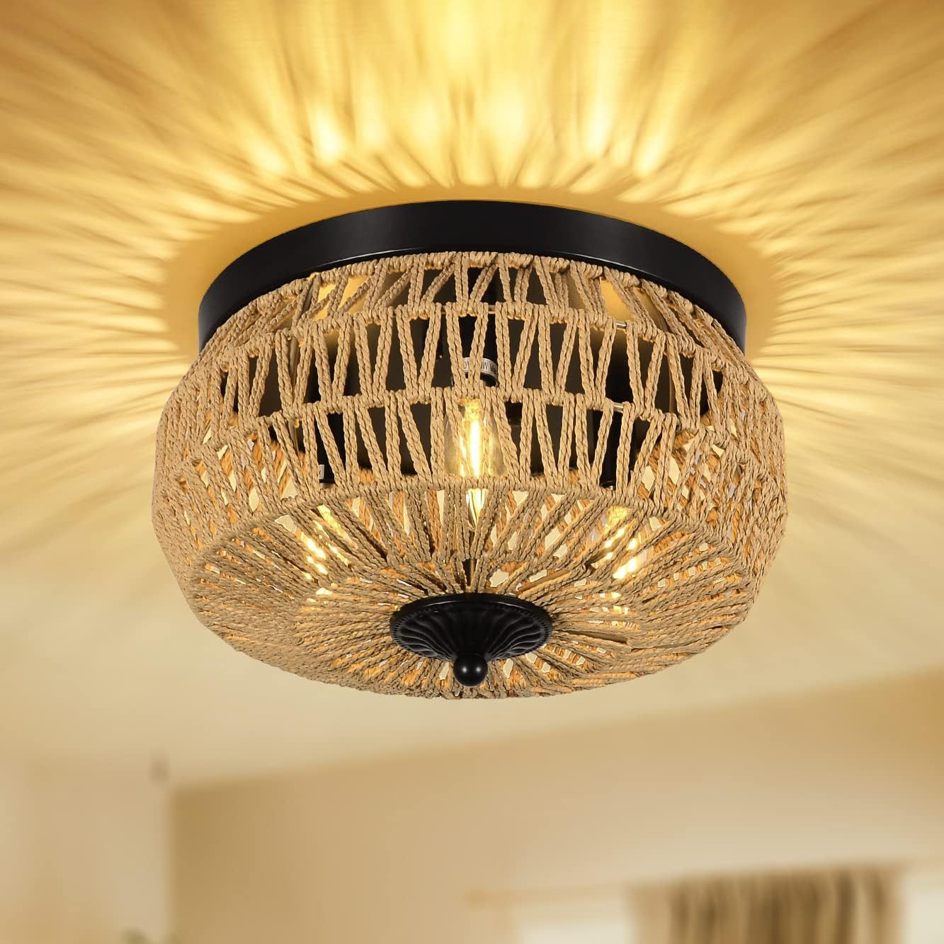 3 Lamp Woven Rattan Recessed Chandelier Lamp Fixture With Handmade Cage Lampshad
