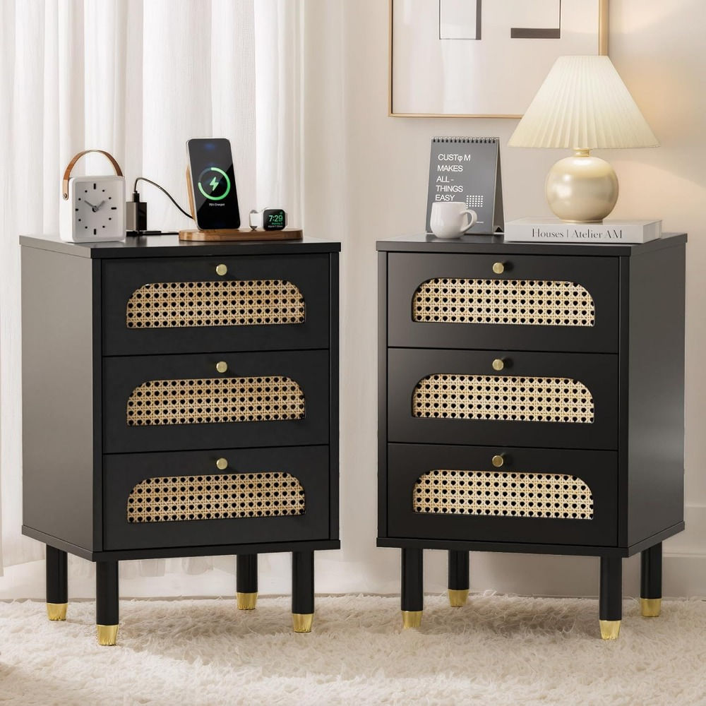 Rattan Nightstand with Charging Station, Nightstands Set of 2, 3 Drawer Night St