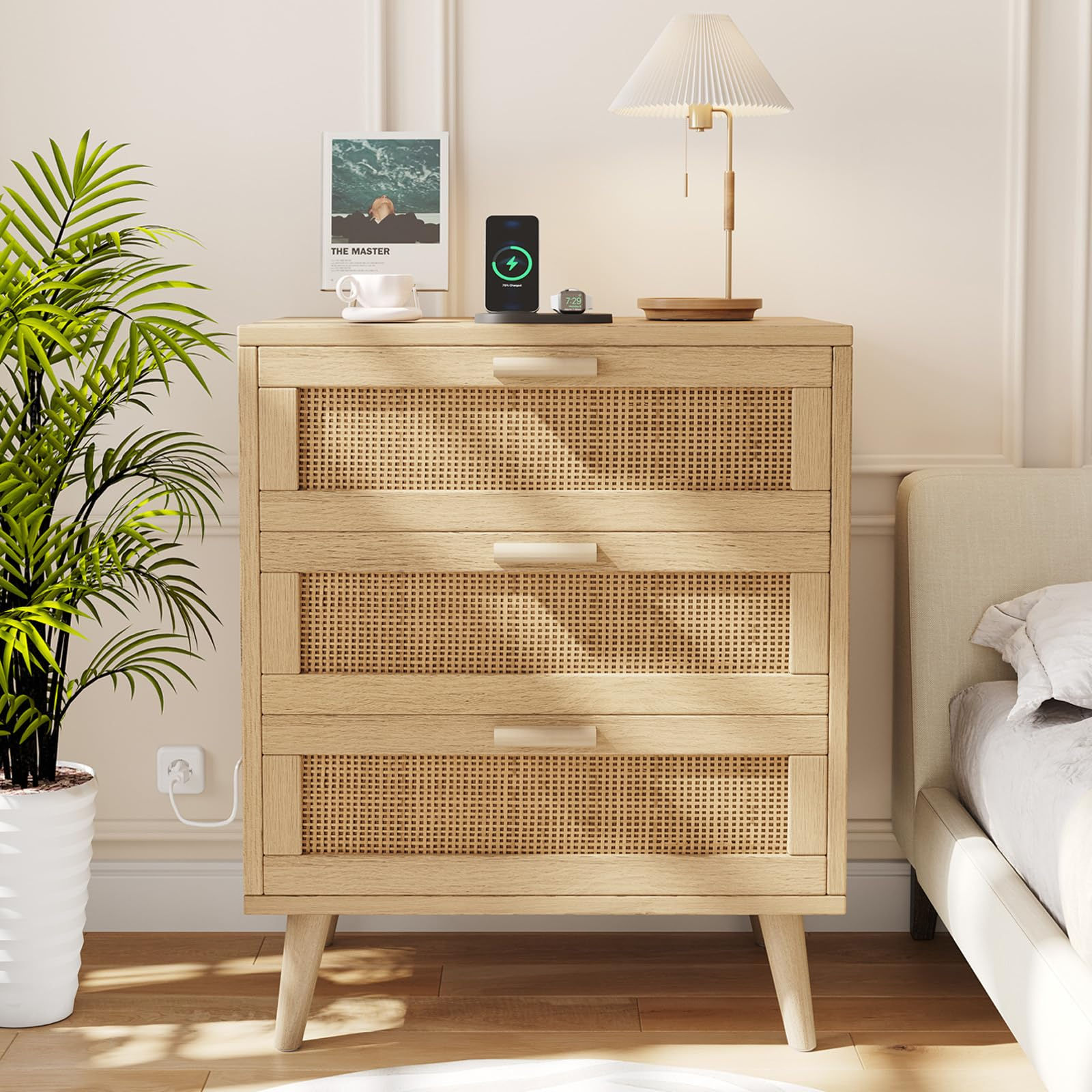 Rovaurx Rattan Nightstand with Charging Station Night Stand with 3 Drawers 28.5