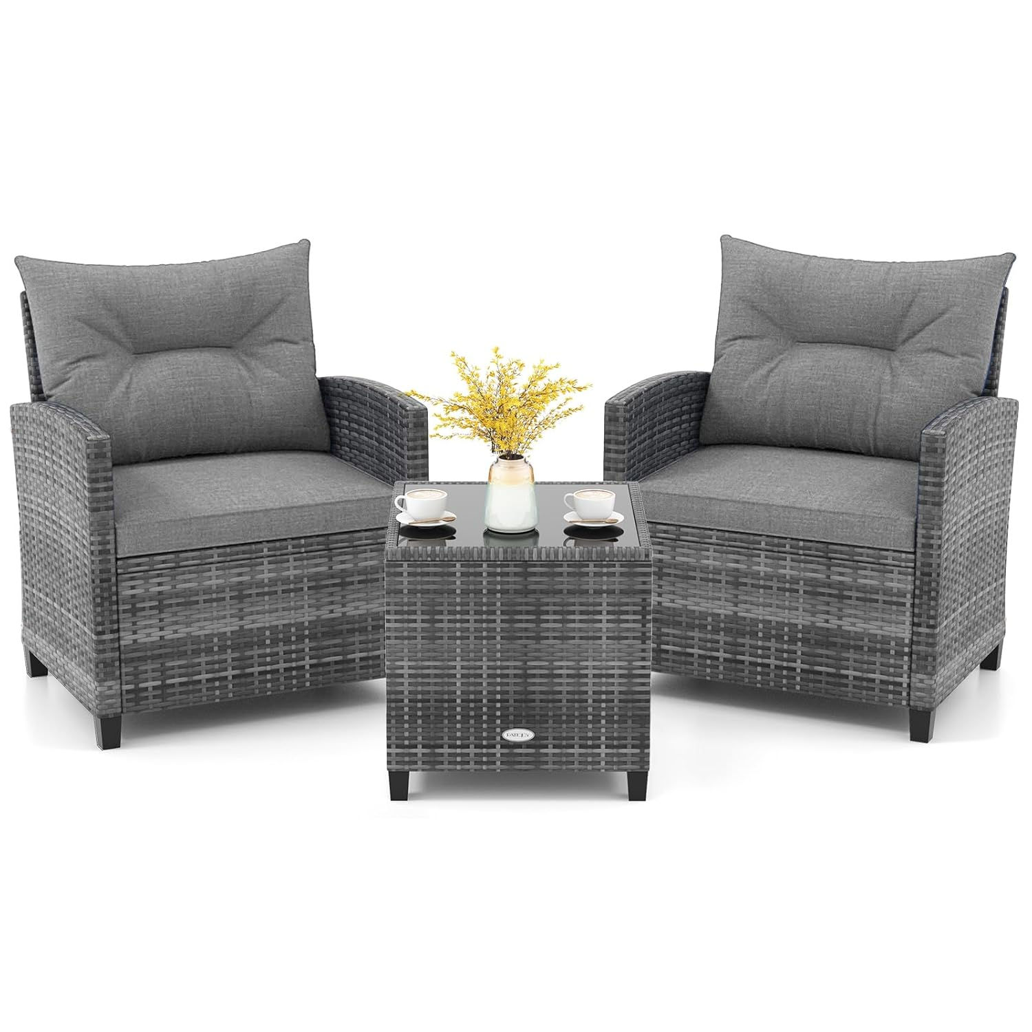 3 Piece Patio Furniture Set, Outdoor PE Rattan Conversation Set with Washable Cu