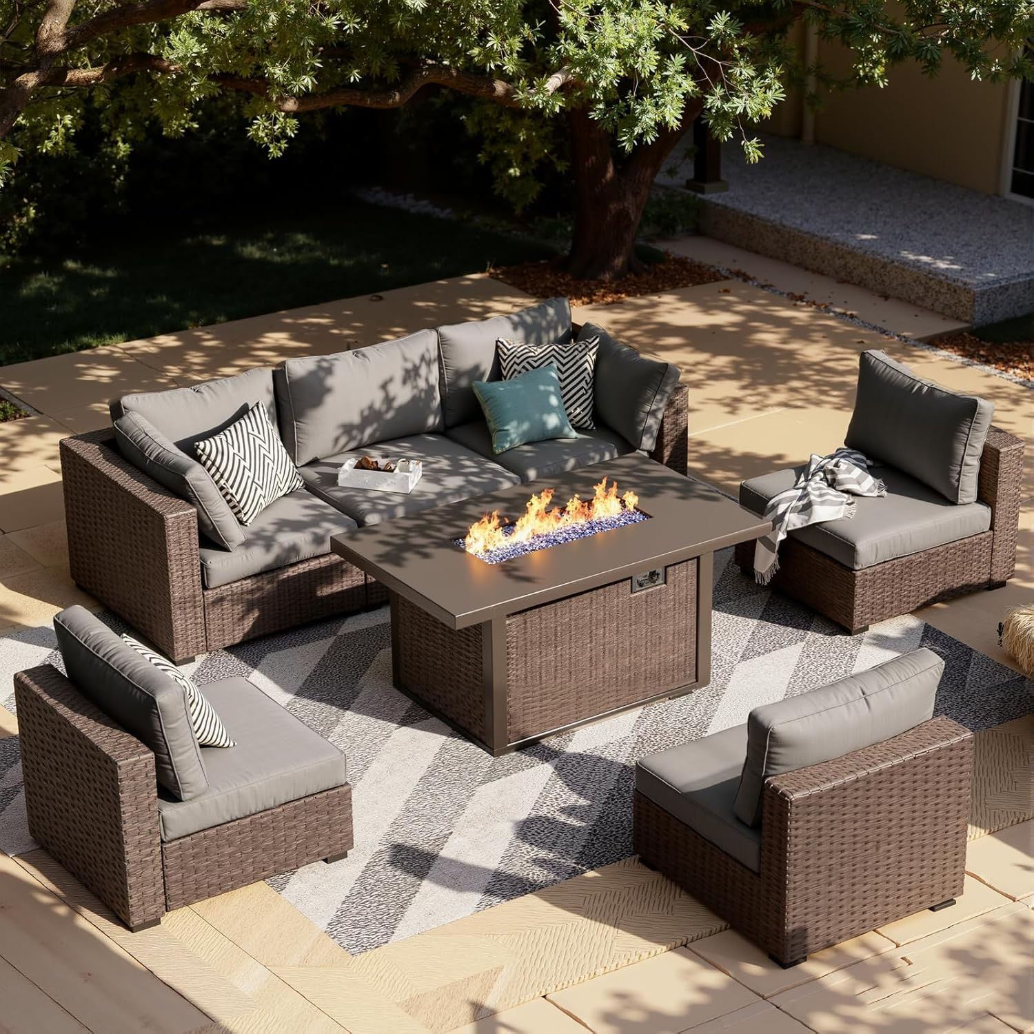 7-Pieces Patio Furniture Sets Outdoor Sectional Sofa with 44'' Propane Rattan Wi