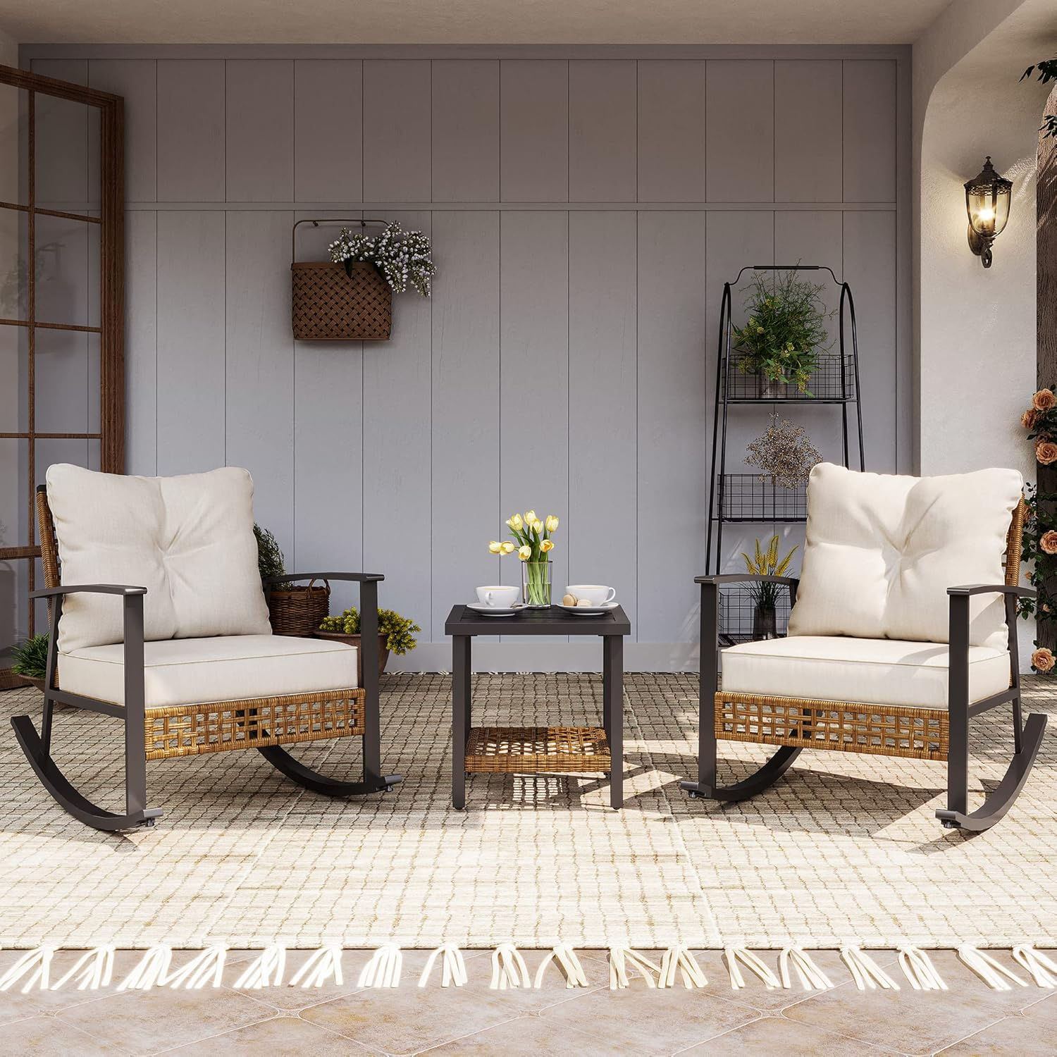 3-Piece Rocking Bistro Set, Outdoor Patio Furniture with Thick Cushions and 2-Ti