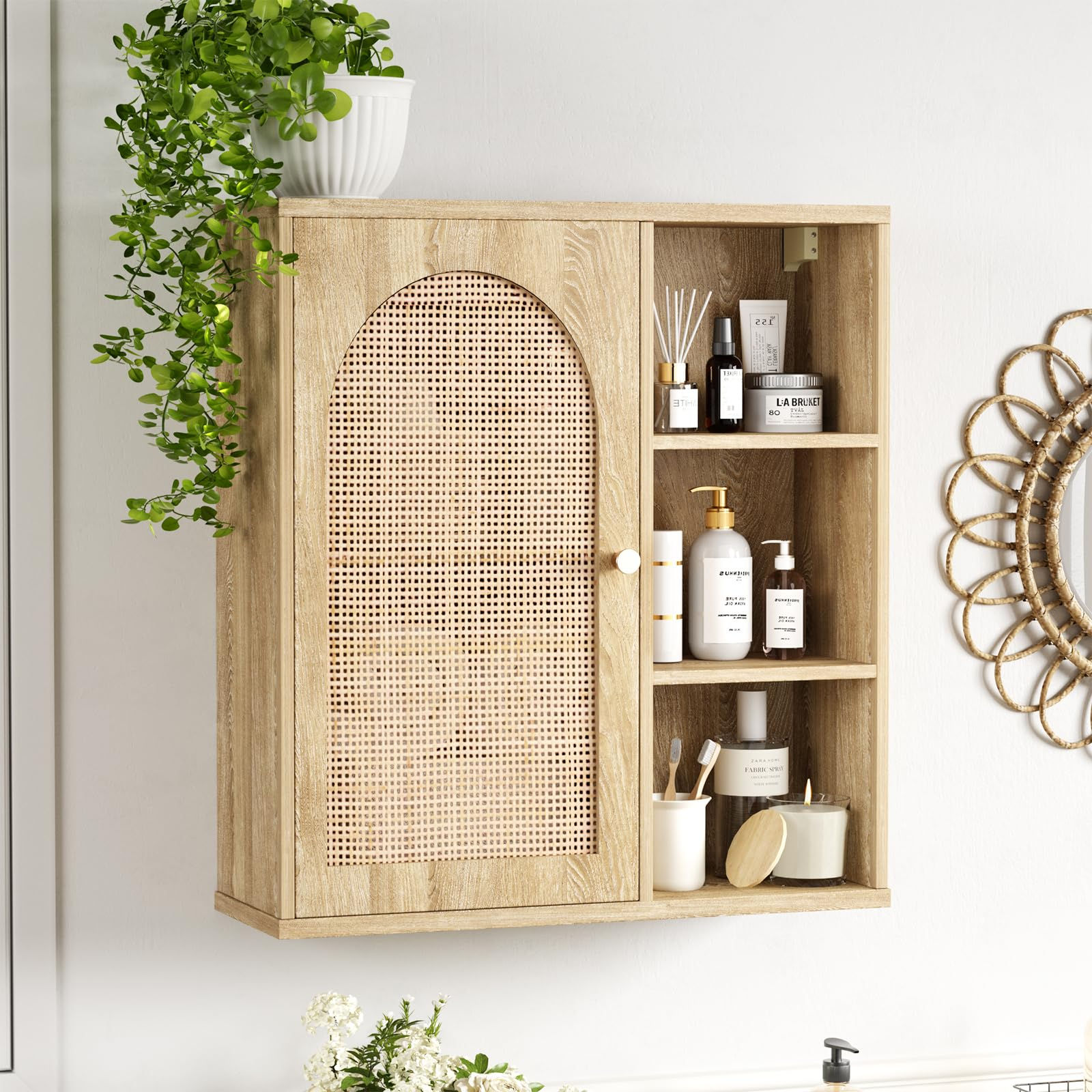 Rattan Bathroom Wall Cabinet with Door Boho Medicine Wall Cabinets with Adjustab