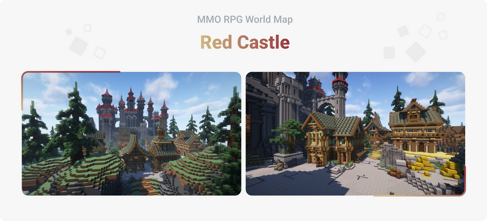 Red Castle on Minecraft MMO RPG map – towering stone fortress with red spires overlooking alpine village and pine forest.
