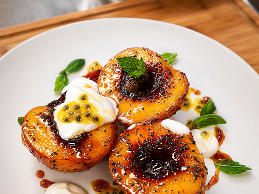 Pan-Roasted South Carolina Peaches With Vanilla, Local Honey, Passion Fruit & Greek Yogurt by Chef Mark