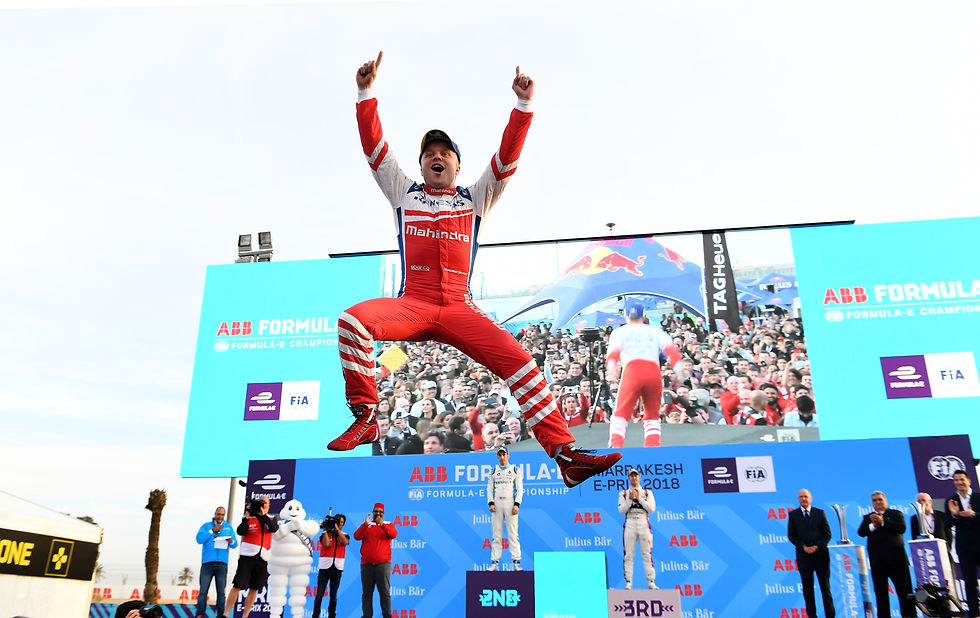 Rosenqvist jumping for joy on Marrakesh podium.