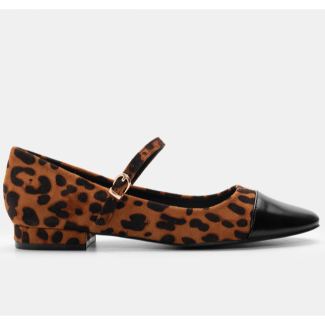 Leopard Print Flat Παπούτσια με Μαύρη Μπαρέτα και Λουστρίνι Λεπτομέρειες