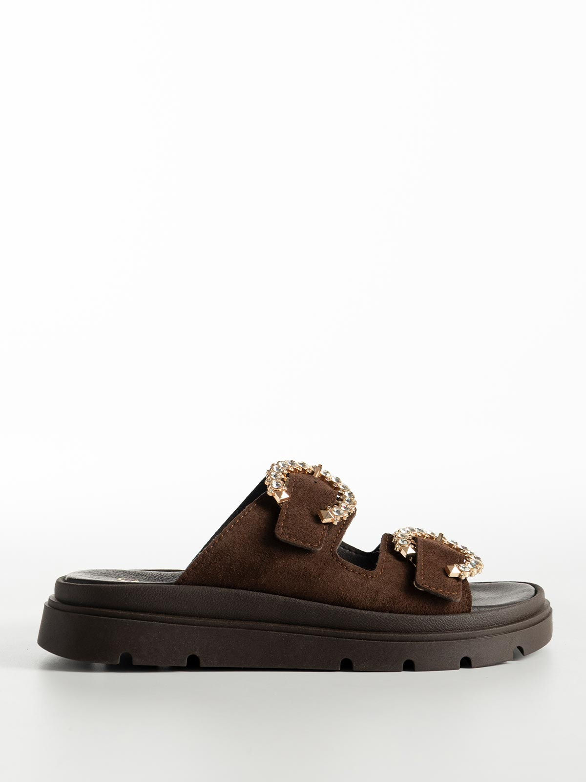 Flatforms Dona  δερμάτινα σκούρο καφέ με strass αγκράφες