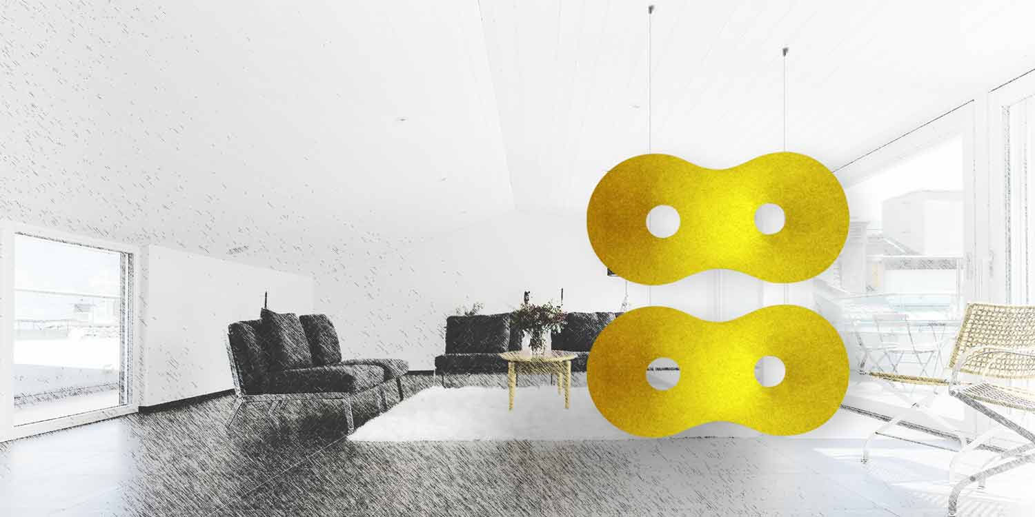 Das Bild zeigt zwei sonnengelbe Filz-Akustikhängepaneele in einem angedeutetem Wohnloft mit Ausblick.